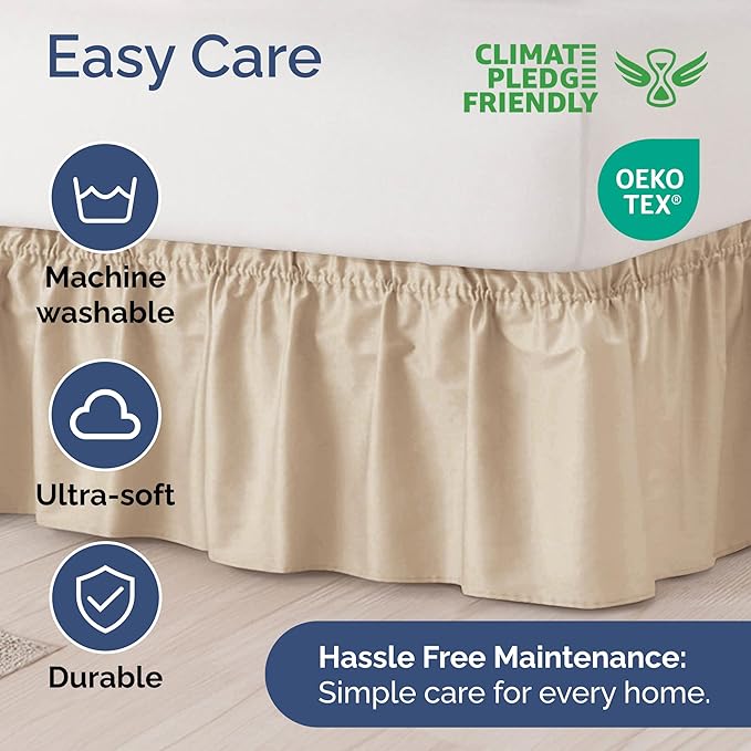 Wrap Around Dust Ruffle Bed Skirt – Cream - Twin/Twin XL Size Beds with 21 in. Drop – Easy Fit Elastic Strap - Pleated Bedskirt with Brushed Fabric - Wrinkle Free, Machine Wash - by CGK Linens