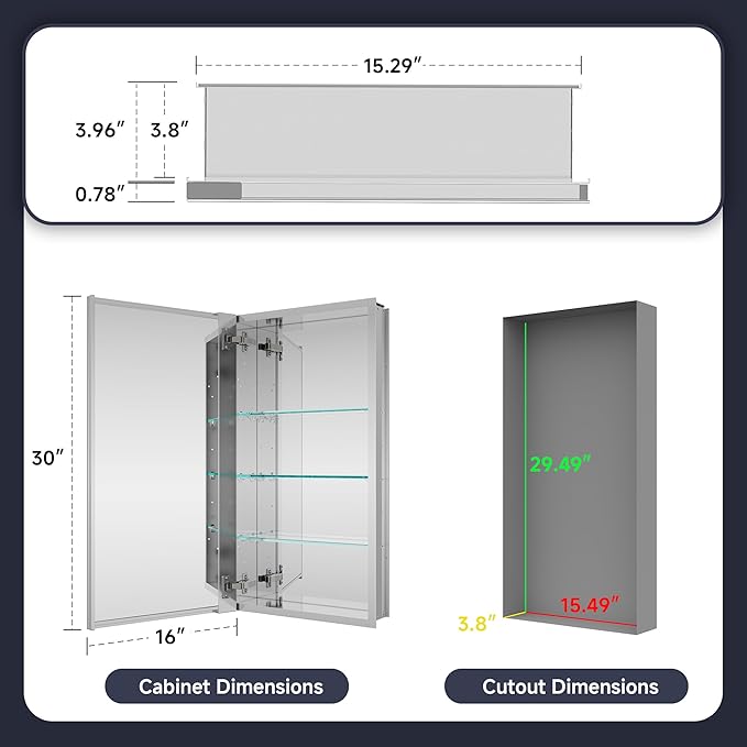 Medicine Cabinet 16" x 30", Bathroom Medicine Cabinet with Mirror, Recessed Medicine Cabinets with Adjustable Shelves, Soft-Closing Door, and Aluminum Alloy Frame - Reverse Installation, Silver