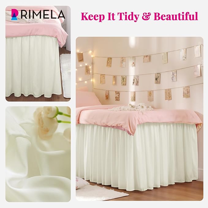 RIMELA Dorm Bed Skirt Twin XL 46 Inch Drop, Easy to Install Extra Long Wrap Around Elastic Dust Ruffle, Ivory White Bedskirt Solid Silky Fabric (Twin XL 80“L x 39”W & Twin 75“L x 39”W)
