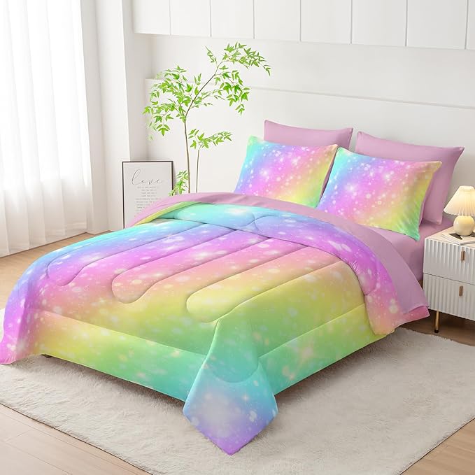 7 Piece Rainbow Comforter Set - Bed in a Bag, Pastel Galaxy Bedding Twin, Soft Microfiber, Kids/Teens/Girls, All Season