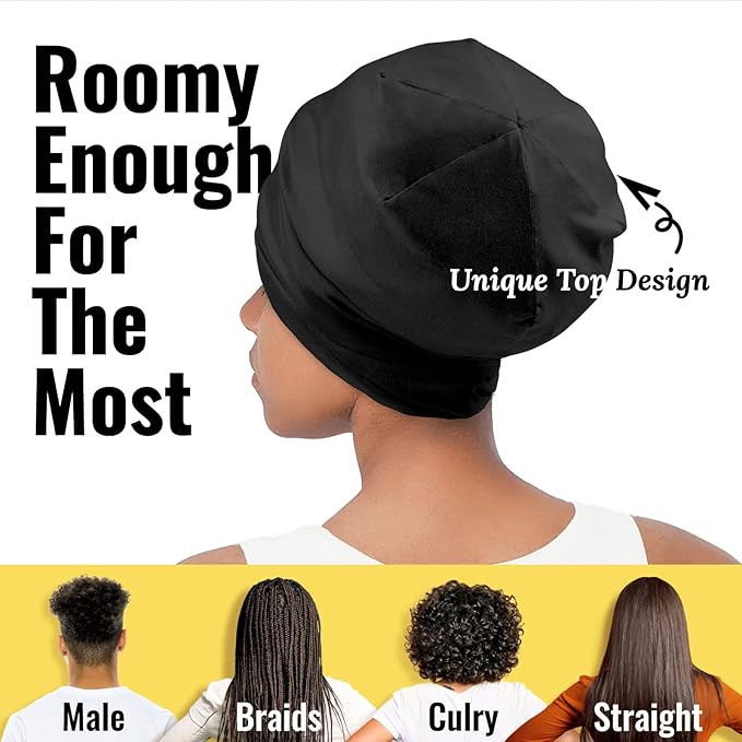 Satin Bonnet for Curly Hair and Braids, Night Cap with Adjustable Strap for Women and Men, Black and Black Leopard, Pack of 2
