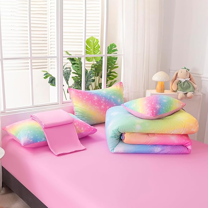 4Pcs Rainbow King Comforter Set for Kids Girls Teens Women Tie Dye Pastel Bedding Set King Size Stars Glitter Soft & Breathable Kids Bed for Gift Bedroom Decor