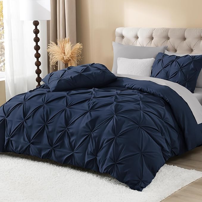 Litanika Navy Blue Oversized King Pinch Pleat Duvet Cover, 3 Pieces Pintuck Cover Soft Microfiber Bedding Set with Zipper Closure & Corner Ties(1 Duvet Cover, 2 Pillowcases)