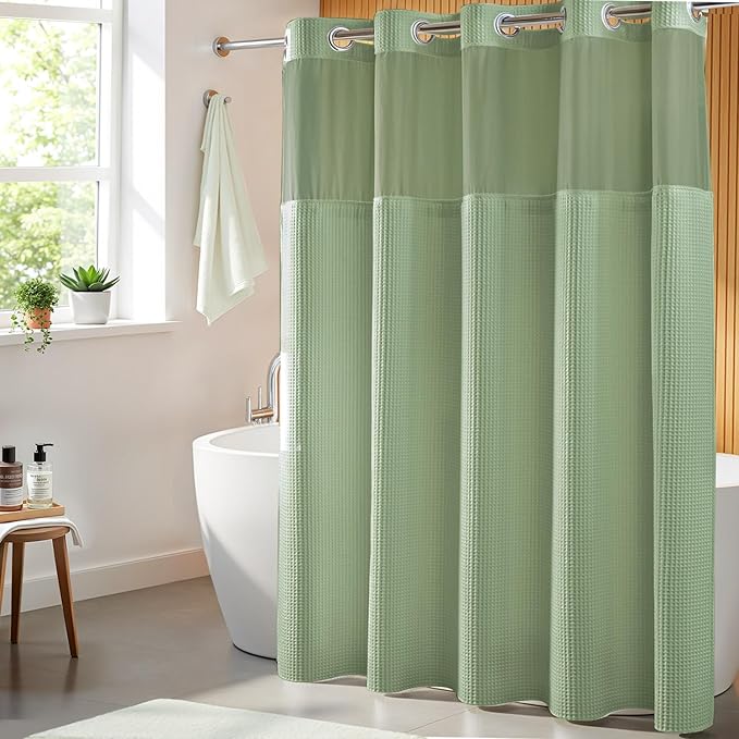 River Dream Sage Green Fabric Shower Curtain Set, Cotton Blend, Waffle Weave, with Snap in Replacement Liner，71 x 74 inches