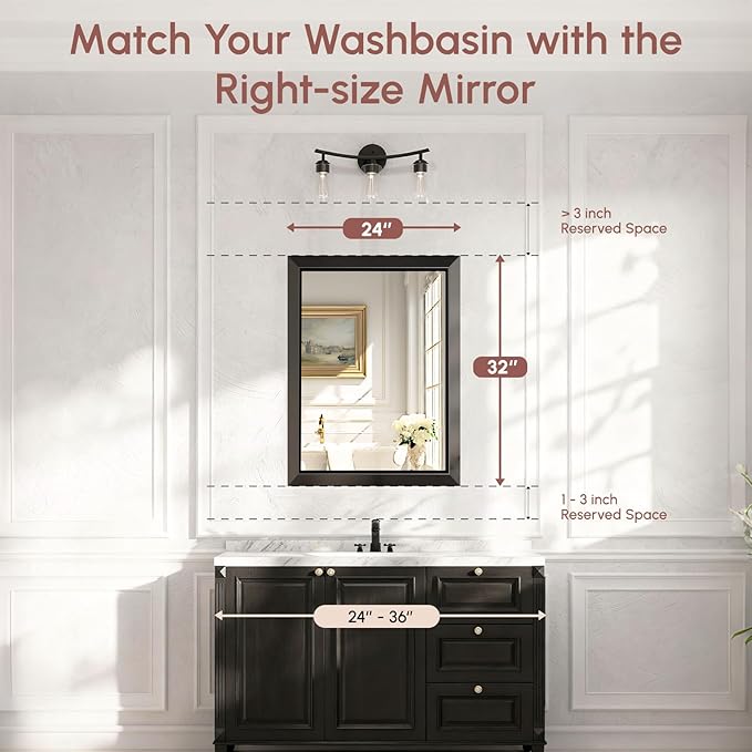 USHOWER Black Bathroom Mirrors for Over Sink, 24x32 Inch Beveled Rectangular Bathroom Vanity Mirror, Brushed Thick Aluminum Framed, Anti-Rust, 4mm Copper-Free Silver Wall Mirror