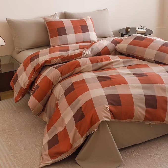 Cottonight Checkered Red Comforter Set Cal King Gingham Grid Bedding Set Red and Khaki Grid Comforter Fluffy Soft Blanket Quilts Modern Cottagecore Comforter California King Bed