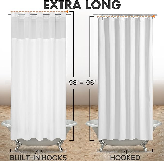 River Dream Extra Long No Hook Slub Textured Shower Curtain with Snap-in PEVA Liner Set - 71" x 98"(96"), Hotel Style with See Through Top Window, Fabric Curtain & Waterproof Liner, White, 71x98