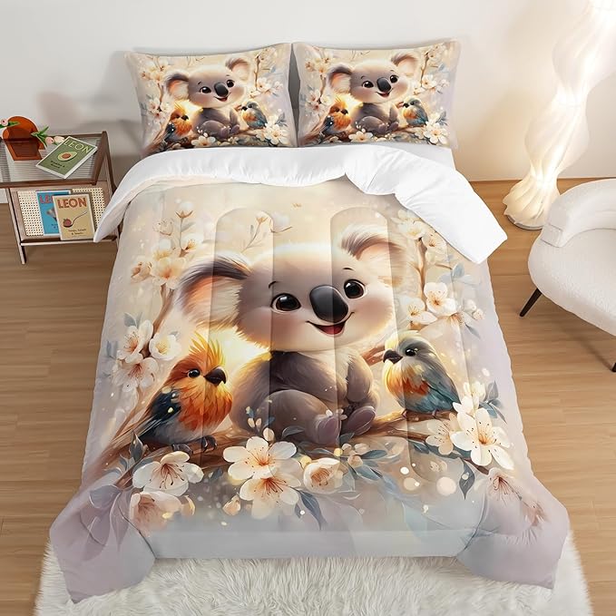 Kawaii Koala Bedding Set,Cartoon Koala Parrot Floral Pattern Full Size Bed Set for Kids Girls Boys Room Decor,Cute Beddings with 2 Pillowcases.