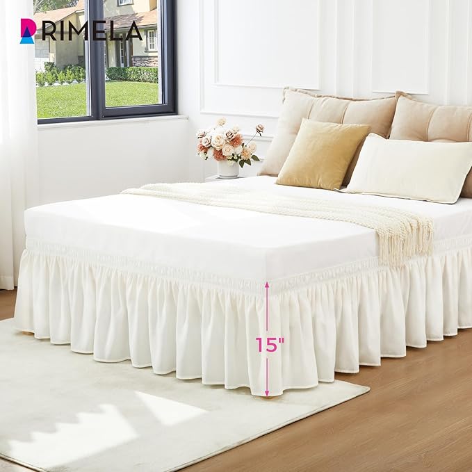 RIMELA White Bed Skirt Queen Size 15" Drop, Elastic Bedskirt for Box Spring & Adjustable Bed, Soft and Solid Fabric, Easy to Install Machine Washable Wrinkle & Fade Resistant, Warm White Dust Ruffle
