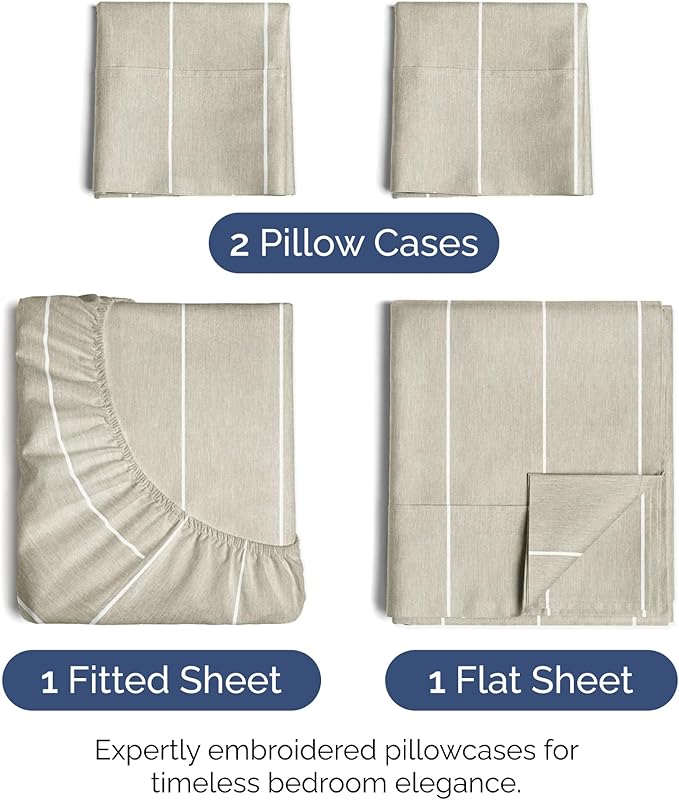 Hotel Luxury Durable Bed Sheets - Full Size 4 Piece Sheet Set - Extra Soft, Breathable & Cooling - Deep Pockets, Easy-Fit & Wrinkle-Free - Beige Stripes Oeko-Tex