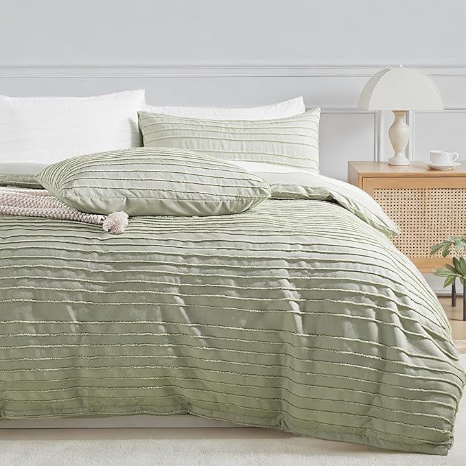 NEXHOME PRO Duvet Cover Full Size, Blue 3 Pieces Boho Tufted Duvet Cover Set, Soft and Lightweight Microfiber Comforter Cover Set for All Season (Sage Green,80 x 90)-No Comforter