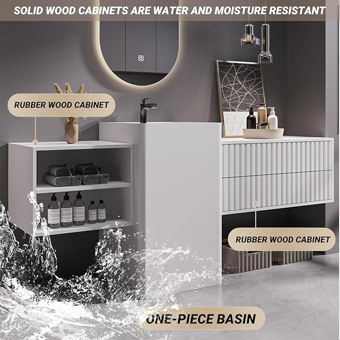 72Inch Freestanding Sink Bathroom Vanity, Wall-Mount Bathroom Cabinet with Open Storage and Striped Drawers, Solid Wood Bathroom Vanity with Smart Defog Mirror and Spacious Rock Plate Countertop