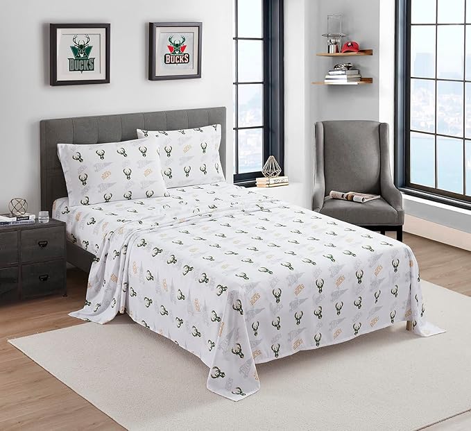 NORTHWEST Officially Licensed Milwaukee Bucks NBA Queen Size Sheet Set – Soft Team Logo Bedding for Dorms, Bedrooms, Fan Caves & Game Day Style