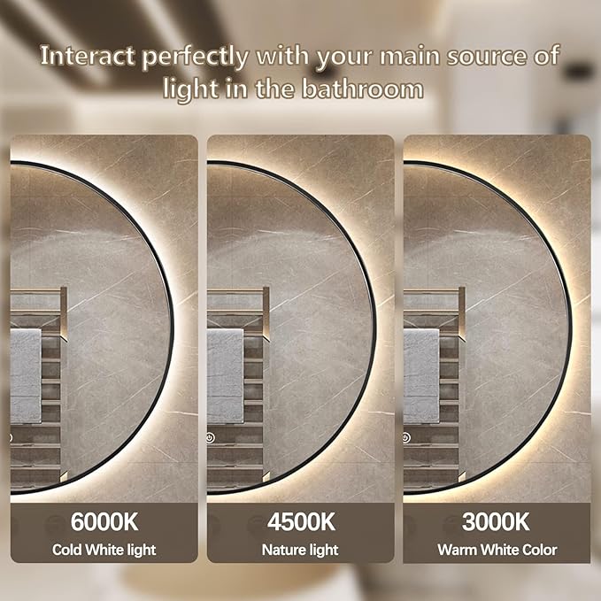 Niccy 36" LED Backlit Round Mirror for Bathroom, Black Framed Vanity Light Wall Mirror LED Smart Circle Mirrors with 3 Lighting Colors, Dimmable Lighted Mirror with Anti-Fog, IP65 Waterproof