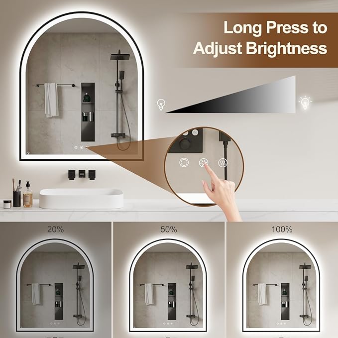 Arched LED Mirror for Bathroom 30"x36", Black LED Bathroom Mirror with Lights-Fogless, Dimmable, 3 Color Changing, Shatterproof, Touch Sensor