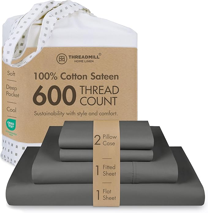 Threadmill 100% Cotton Sheets for Queen Size Bed - 600 Thread Count Queen Bed Sheets Set with 16” Deep Pocket - Sateen Weave 4-Piece Bedding Set with Cooling Effect, Dark Grey