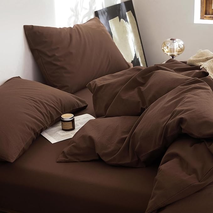 FOSSA Duvet Cover Set 100% Washed Cotton Linen Feel Super Soft Breathable Cozy Simple Style 3 Pieces Bedding Sets Solid Cocoa Brown Twin