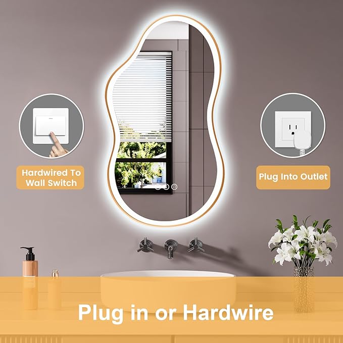 WTTY LED Irregular Bathroom Mirror 20x36 Inch with Front & Back Lights - Asymmetrical Design, Anti-Fog, Dimmable 3 Color Temperatures, Shatterproof Glass, Horizontal or Vertical Mount (Gold Frame)