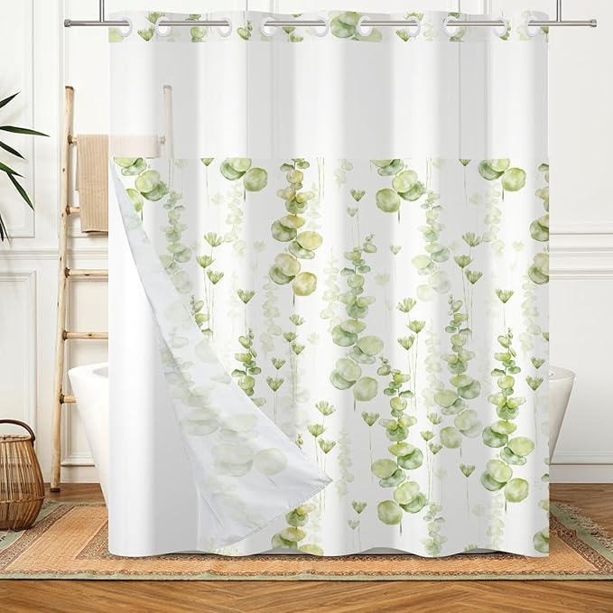 Green Leaves Shower Curtain No Hooks with Snap-in Fabric Liner Set,Spring Plant Vine Shower Curtain for Bathroom,Hotel Decor Waterproof Shower Curtains,with See Through Top Window,71W x 74H