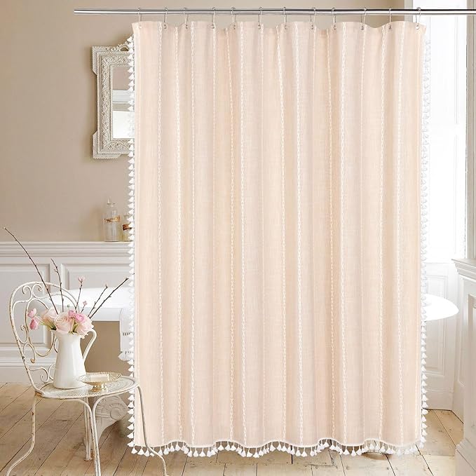 MitoVilla Boho Extra Long Shower Curtain 72 x 96, Cream Modern Farmhouse 96 inch XL Polyester Linen Texture Tassel Fabric Shower Curtain Set with Hooks for Cottagecore Country Bathroom Decor,Cream