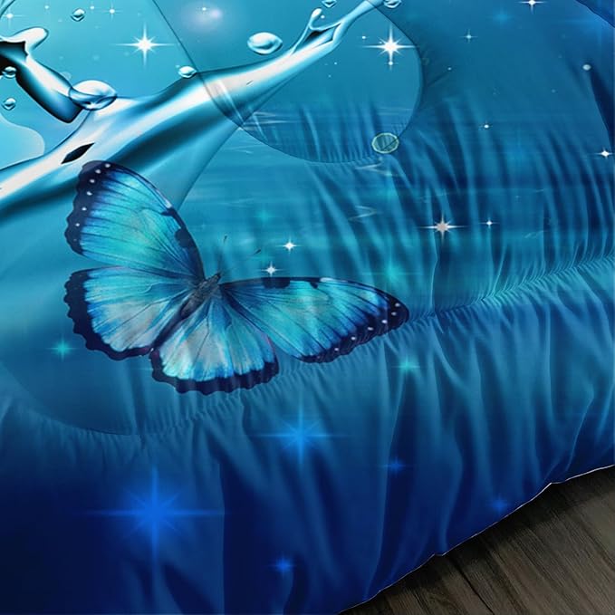 Fantasy Blue Butterfly Comforter Set Queen Size,Butterflies on Water Flash Bedding Sets 3 Pieces,Blue Series Aesthetic Bedding for Kids Girls Boys Room Decor with 2 Pillowcases.