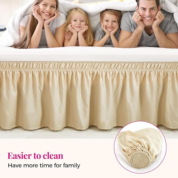 RIMELA Oatmeal Bed Skirt King Size 15 Inch Drop, Elastic Bed Skirting for Bed Base and Frame, Bedding Dust Ruffle Easy to Install, Lightweight Wrap Around Adjustable Bedskirt