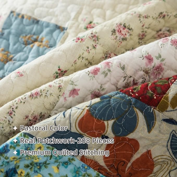 meadow park Cotton Real Patchwork Quilt Set 3-Piece. 100% Washed Cotton. 208 Hand Cut Patches. Allover Quilting. Reversible Coverlet Set. (Queen)