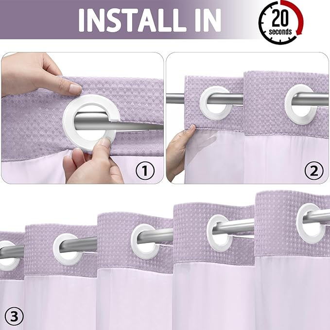 YellyHommy No Hook Shower Curtain with Snap in Liner Set Less Time Waffle Shower Curtain for Bathroom 75" L x 72" W Purple