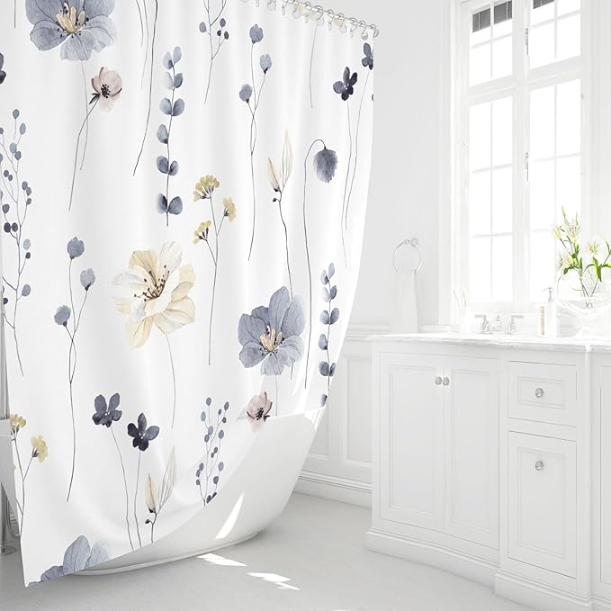 Gibelle Watercolor Floral Shower Curtain, Grey Beige Flower Shower Curtain for Bathroom, Modern Minimalist White Waterproof Fabric with Hooks 72x72 Inch