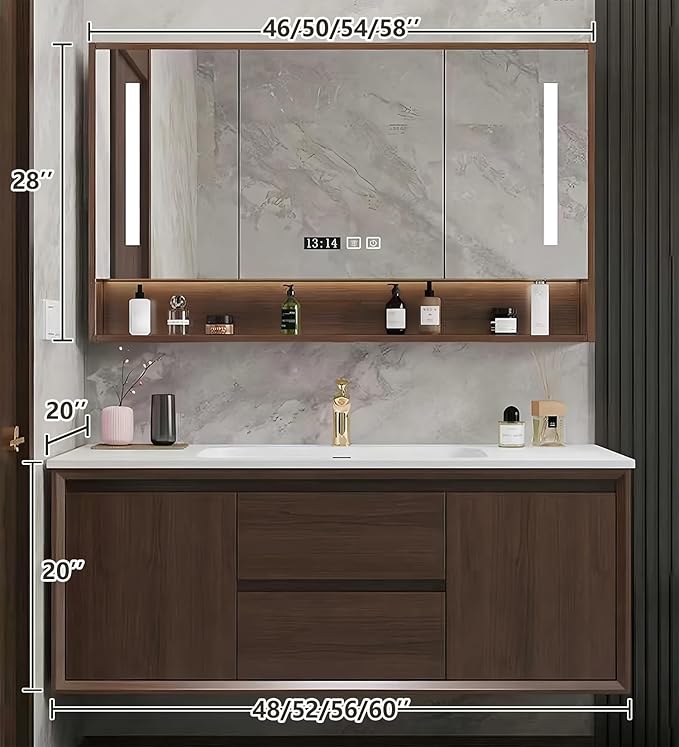 Bathroom Sink Vanity 60Inch, Floating Bathroom Vanity with LED Smart Defogging Mirror Cabinet and Open Shelf, Multi-Layer Solid Wood Bathroom Furniture Cabinet, Wall Mount Installation (Walnut)
