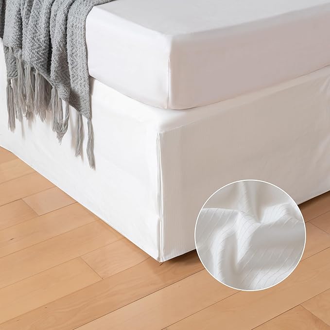 Full Bed Skirt, Grid Plaid Soft Quadruple Pleated Ruffle Bed Skirt, Tailored Dust Ruffle 14 Inch Drop Easy Fit, Machine Washable (White)