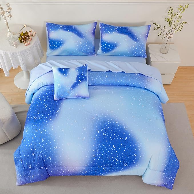 URBONUR 6Pcs Gradient Glitter Comforter Set for Girls Twin Size Blue Galaxy Kids Bedding Set for Boys Comforter Sets Soft Bed in A Bag Twin (Ombre Blue)
