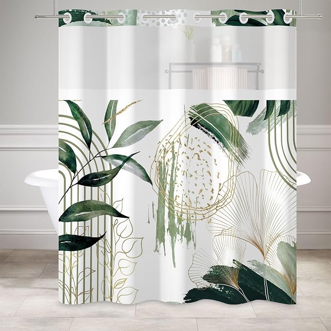Boho Shower Curtain No Hooks with Snap in Fabric Liner Set,Modern Boho Shower Curtains Hotel Bathroom Decor,with See Through Top Window,Green Botanical Sage Fabric Waterproof Shower Curtain,71W x 74H