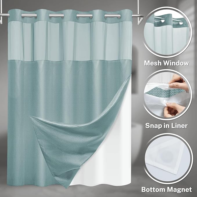 No Hook Shower Curtain with Snap in Liner Set Waffle Shower Curtain for Bathroom Hotel Style Fabric Waterproof Inner Liner，71" W x 74" H, Teal