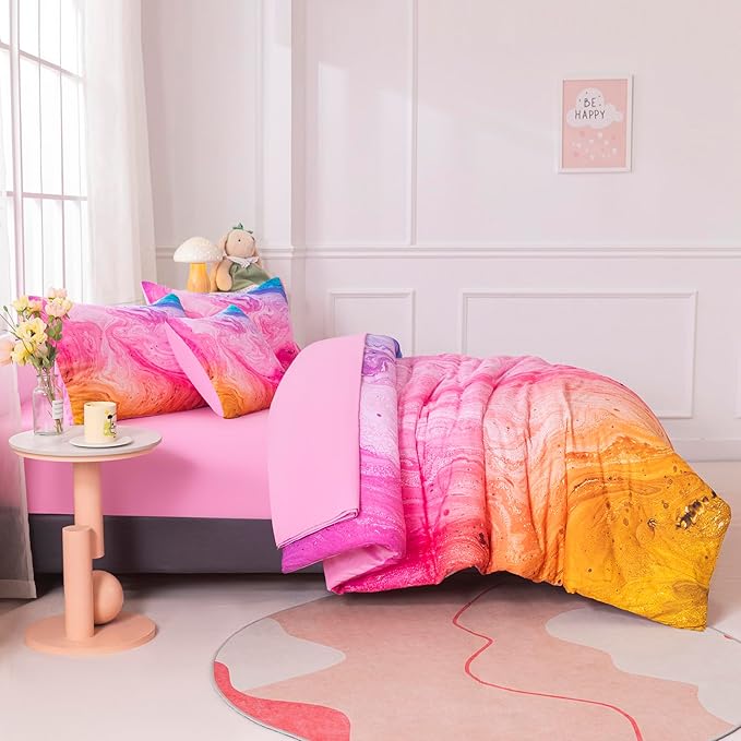 4Pcs Tie Dye Twin Comforter Set for Girls Kids, Watercolor Marble Abstract Art Pink Bedding Sets Twin Bed in A Bag (1 Comforter, 1 Flat Sheet, 2 Pillowcases)
