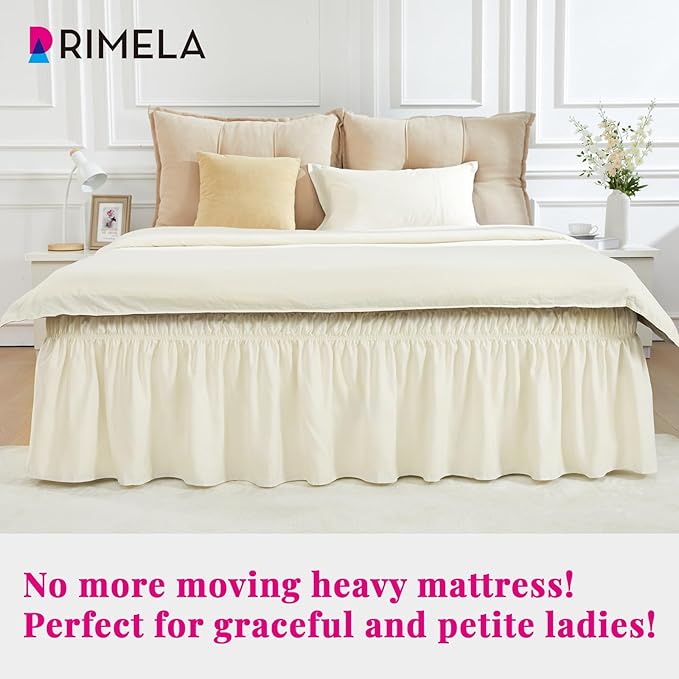 RIMELA Off White Bed Skirt King Size 15 Inch Drop, Elastic Bed Skirting for Bed Base and Frame, Bedding Dust Ruffle Easy to Install, Lightweight Wrap Around Adjustable Bedskirt