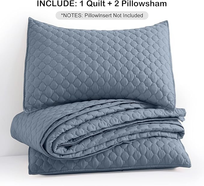 HORIMOTE HOME Quilt Queen Size Dusty Blue, Lightweight Quilt for Summer Ultra-Soft Microfiber Modern Style Quilted Clouds Pattern Bedspread Quit Set 3 Pieces(1 Quilt and 2 Pillow Shams)