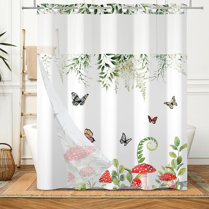 Spring Shower Curtain No Hooks with Snap-in Fabric Liner Set,Green Leaf Mushroom Butterfly Shower Curtain for Bathroom,Hotel Decor Waterproof Shower Curtains,with See Through Top Window,71W x 74H