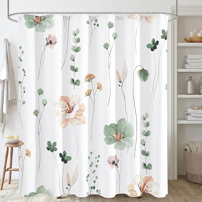 Gibelle Extra Long Shower Curtain 72 x 84, Watercolor Floral Fabric Shower Curtain, Sage Green Beige Flower Decorative Bathroom Shower Curtain Set with Hooks