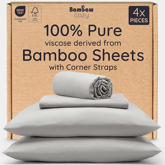 Bambaw 100% Viscose Derived from Bamboo King Size Sheets Set – 4pcs Cooling Sheets for Hot Sleepers, Deep Pocket King Sheet Set Cooling Fits Up to 16'' with Elastic Corner Straps (Moonlight Gray)