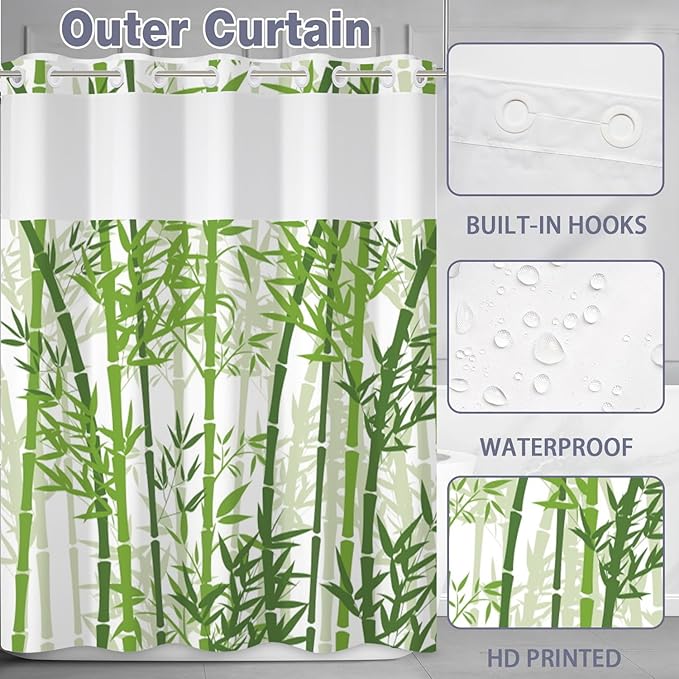 Bamboo Shower Curtain No Hooks with Snap-in Liner,Spring Bamboo Shower Curtains,Watercolor Fabric Green Shower Curtain Set,with See Through Top Window for Bathroom Decor,71 x 74 Inch