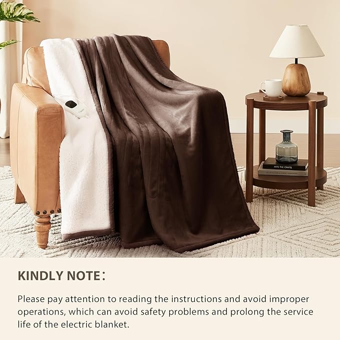 Homemate Electric Heated Blanket Twin Size - 62"x84" Heating Blanket Twin Size 1/2/4/6/8 Hours Auto-Off 10 Heat Level Over-Heat Protection Flannel Sherpa ETL Certification