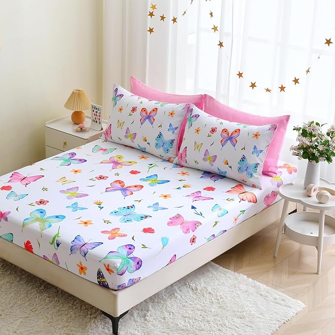 Wajade 7 Piece Butterfly Comforter Set for Girls Kids Cute Colorful Butterfly Flowers Floral Bedding Set Twin Size with Sheet and 2 Pillowcases 2 Pillow Shams Bed in a Bag as Birthday Choice