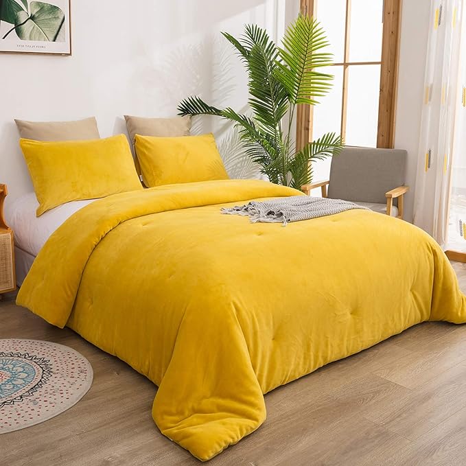 Cottonight Yellow Velvet Comforter Set Full Women Men Mustard Yellow Flannel Plush Fluffy Bedding Comforter Set Full Warm Heavyweight Winter Shearp Micromink Quilts Comforter Soft Comfy