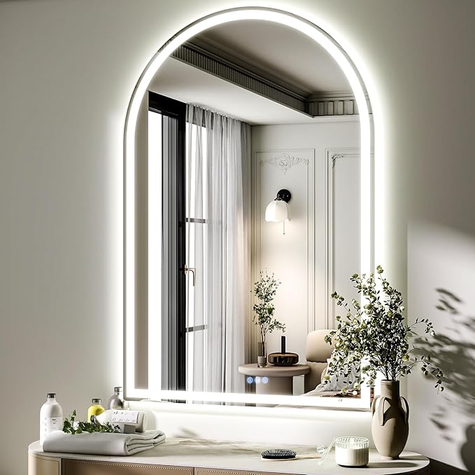 BEAUTYPEAK LED Arch Bathroom Mirrors with Lights, 48x30 Arch Mirror with Metal Frame, Anti-Fog,LED Mirror with Front Light and Backlit, Memory Function for Bathroom, Dressing Room