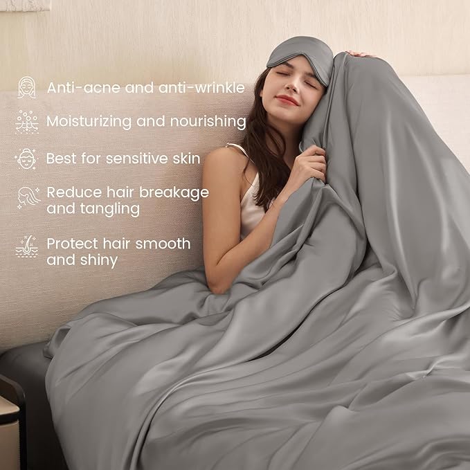 THXSILK 100% Pure Mulberry Silk Duvet Cover Set 3 Piece, 6A+ Grade Luxury Soft Bedding Silk Sheets for Hair and Skin, 1 Pcs Duvet/Quilt/Comforter Cover with 2 Zippered Pillowcases (Grey, Cal. King)
