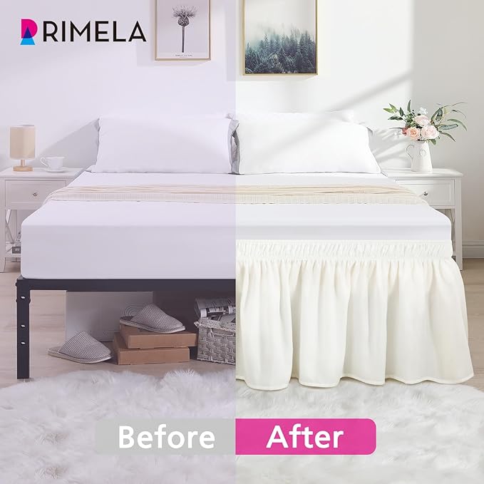 RIMELA Warm White Bed Skirt King Size 12 Inch Drop, Wrap Around Elastic Adjustable Bedskirt, Bed skirting Dust Ruffle for Bed Frame & Box Spring Soft Durable Fabric Machine Washable Easy to Install