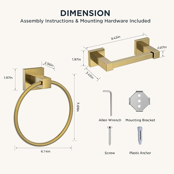 FORIOUS Toilet Paper Holder Wall Mount and Hand Towel Ring Set, SUS 304 Stainless Steel Double Post Pivoting Tissue Roll Holder, Modern Bathroom Hardware Accessories Set, Brushed Gold