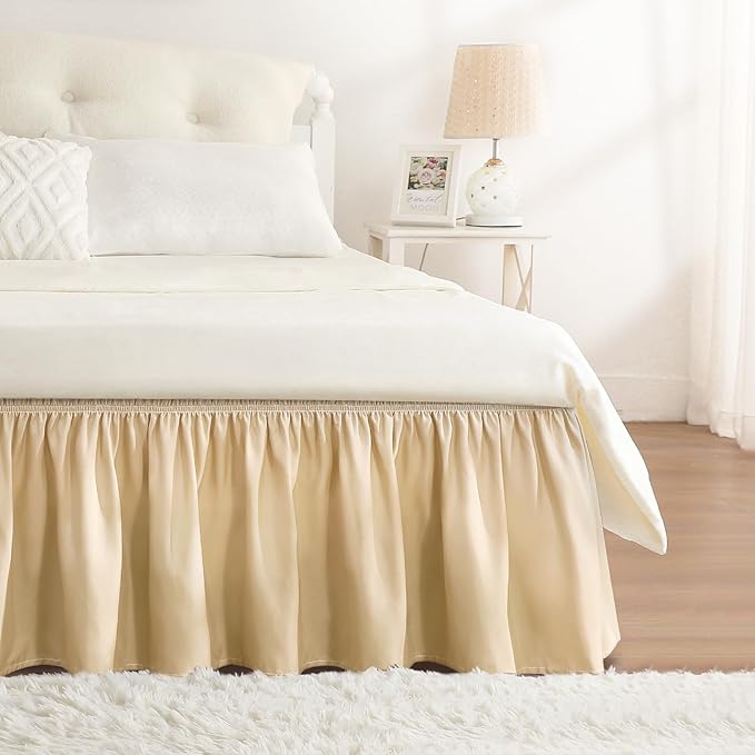 RIMELA Beige Bed Skirt King Size 15 Inch Drop, Wrap Around Elastic Bedskirt, Dust Ruffle for Adjustable Bed Base Machine Washable Easy to Install Bed Skirts