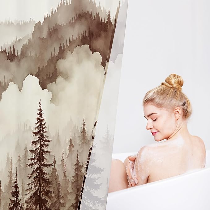 Brown Extra Long Misty Pine Forest Shower Curtain 72 x 84, XL Tan Mountain Foggy Woodland Scenery Tree Shower Curtains for Bathroom, Abstract Waterproof Nature-Themed Decor